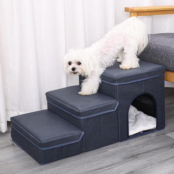 Dog Stair 3 Step Non Slip Dog Ladder Portable Foldable Easily Washable Dog Stair With Pet Toy Storage Box For Small Pets