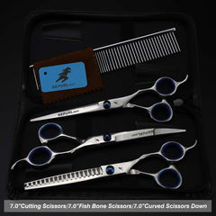 7.0inch blue  pet grooming scissors set straight cut teeth cut fish bone scissors