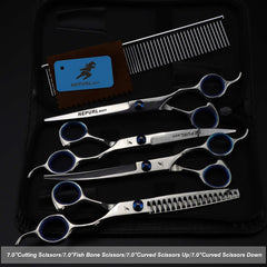 7.0inch blue  pet grooming scissors set straight cut teeth cut fish bone scissors