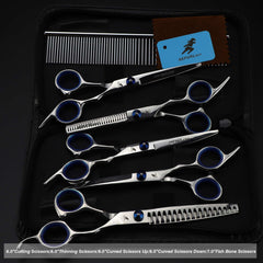 7.0inch blue  pet grooming scissors set straight cut teeth cut fish bone scissors