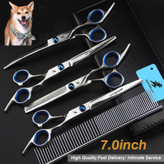 7.0inch blue  pet grooming scissors set straight cut teeth cut fish bone scissors