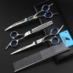 7.0inch blue  pet grooming scissors set straight cut teeth cut fish bone scissors